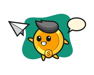 dollar coin cartoon character throwing paper airplane