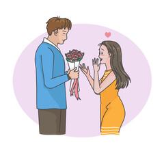 Man giving flowers to women. Male and female relationship concept