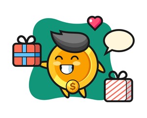 dollar coin mascot cartoon giving the gift