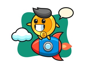 dollar coin mascot character riding a rocket