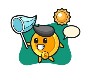 dollar coin mascot illustration is catching butterfly