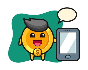 Dollar coin illustration cartoon holding a smartphone
