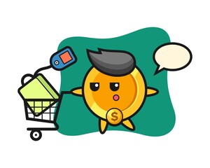 Dollar coin illustration cartoon with a shopping cart