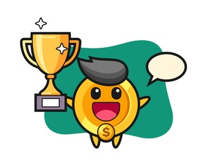 Cartoon illustration of dollar coin is happy holding up the golden trophy