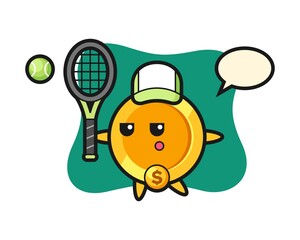 Cartoon character of dollar coin as a tennis player