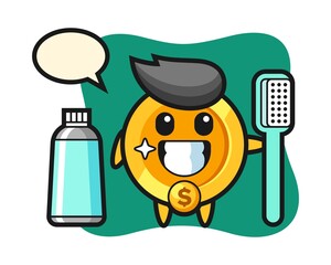 Mascot illustration of dollar coin with a toothbrush