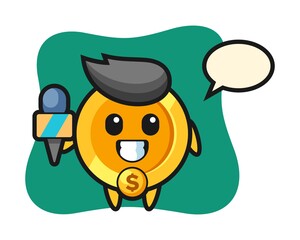 Character mascot of dollar coin as a news reporter