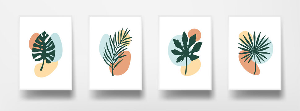 Botanical Floral Wall Art Set. Tropical Leaves Graphics On White Sheet Of Paper. Home Decor Wall Posters. Flat Design Modern Background. Vector Illustration.