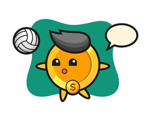 Character cartoon of dollar coin is playing volleyball