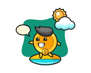 Illustration of dollar coin cartoon do surfing on the beach