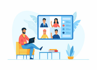 Conference meeting online communication concept. Flat vector illustration
