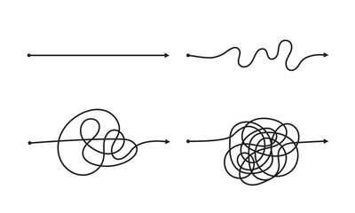 Complex and easy simple way from start to end vector illustration set. Chaos simplifying, problem solving and business solution searching challenge concept. Hand drawn doodle scribble chaos path lines