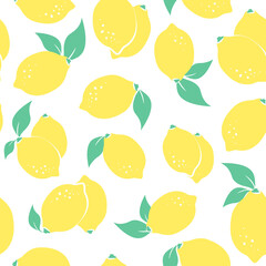 Seamless citrus pattern with yellow lemons on white background. Vector illustration.