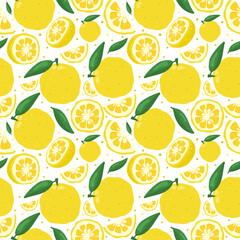 Yuzu japanese citron fruit seamless pattern vector illustration isolated on white background. Full, half and sliced citrus yuzu fresh fruit seamless texture.
