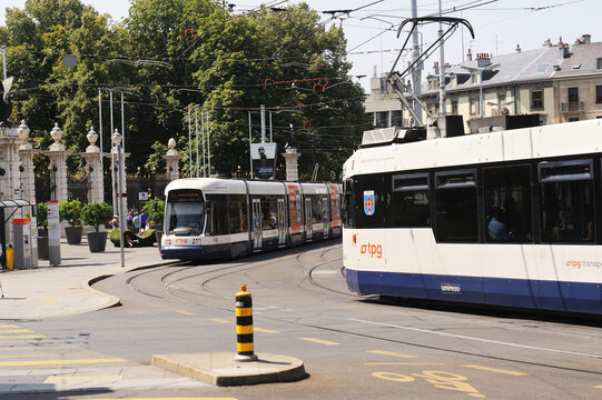 GENEVA, SWITZERLAND - 07.18.2015: Geneva Public Transport (TPG).Tram on a sunny day on the street of a European city (GENEVA)