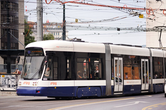 GENEVA, SWITZERLAND - 07.18.2015: Geneva Public Transport (TPG).Tram on a sunny day on the street of a European city (GENEVA)