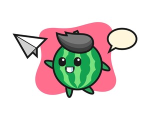 Watermelon cartoon character throwing paper airplane