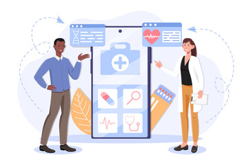 Female doctor using a medical app on a smartphone to examine patient. Concept of online medical consultation and technology. Male patient shows online medical profile. Flat cartoon vector illustration