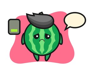 Watermelon mascot character doing a tired gesture