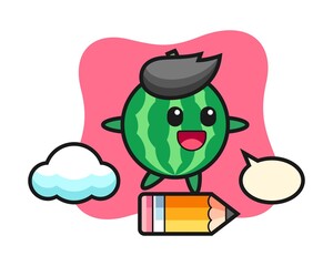 Watermelon mascot illustration riding on a giant pencil