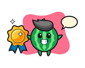 Watermelon mascot illustration holding a golden badge