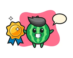 Fotobehang Watermelon mascot illustration holding a golden badge © heriyusuf