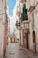 Fototapeta na wymiar beautiful narrow alley through white buildings in the oldtown of Monopoli in Puglia