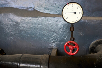 Petrochemical plant interior. Chemical plant equipment. Old pressure control sensor pressure gauge...