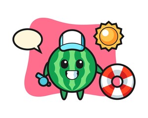 Cartoon mascot of watermelon as a beach guard