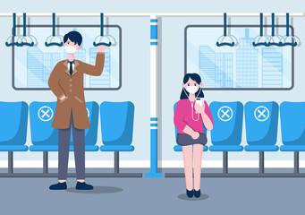 People Wearing Masks and Maintaining Social Distancing While Traveling by Train to Prevent Coronavirus Disease, Vector Illustration