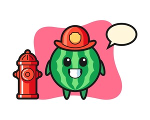 Mascot character of watermelon as a firefighter