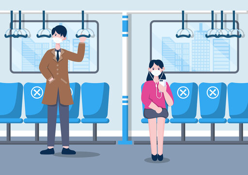 People Wearing Masks and Maintaining Social Distancing While Traveling by Train to Prevent Coronavirus Disease, Vector Illustration