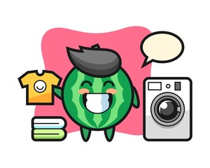 Mascot cartoon of watermelon with washing machine