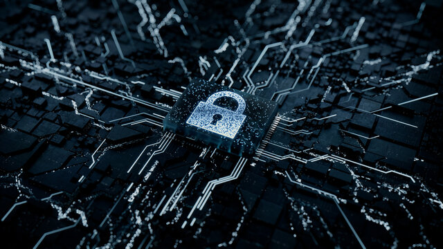 Security Technology Concept with lock symbol on a Microchip. Data flows from the CPU across a Futuristic Motherboard. 3D render.