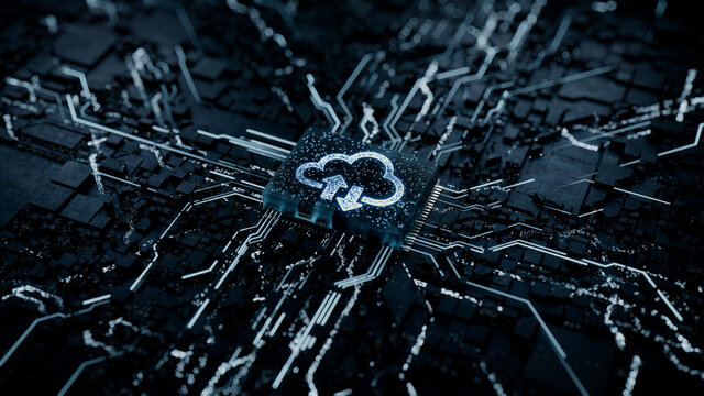 Data storage Technology Concept with cloud symbol on a Microchip. Data flows from the CPU across a Futuristic Motherboard. 3D render.