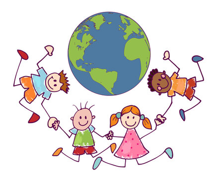 Cartoon of group  multiethnic joyful and happy smiling children holding hands in a circle around the Earth. Cute kids in doodle style. Peace unity friendship. Environment and green planet