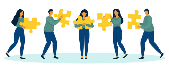 Group of people with jigsaw puzzles in hands. Team building and partnership concept. Flat style vector illustration.