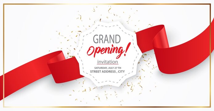 Grand opening card design with red ribbon and colorful confetti