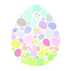 Colourful pastel single easter egg vector graphic with different elements. rabbit, flowers, leaves, dotted, eggs. Vector illustration. EPS10