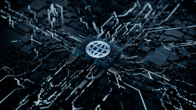 Internet Technology Concept with web symbol on a Microchip. Data flows from the CPU across a Futuristic Motherboard. 3D render.
