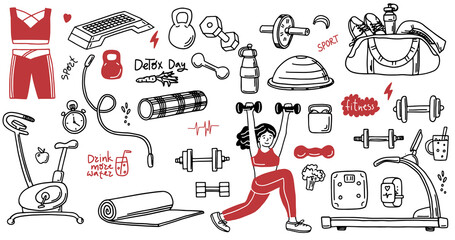 Set of hand drawn sport doodle with ball, bottle, medal, food, diet, fitness and gym elements. Cartoon sketch style. Vector illustration for healthy and activity life design concept.