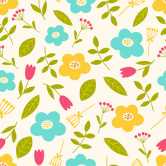 Seamless floral pattern. Vector seamless background with flowers, branches, berries. Pattern for packaging, textiles, stationery, postcards, posters.