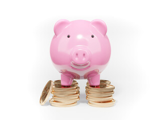 Piggybank and money tower on isolated background, 3d render.