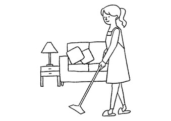リビングでモップがけする女性02