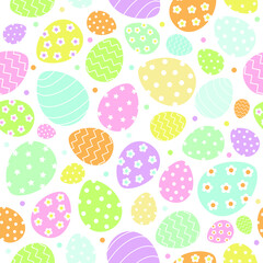 Vector colored easter eggs seamless pattern for Easter holidays on white background. Patterns, flowers, lines, dots, stars. Vector illustration. EPS 10
