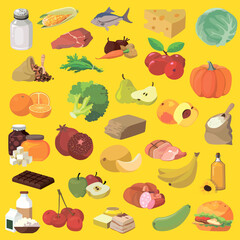 food vector set. Sweet yellow background. Healthy eating. Fresh fruits.