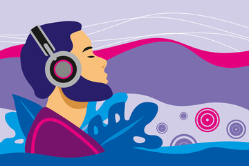 A man with headphones listens to music. Leaves of plants on a colored background. Flat graphics.