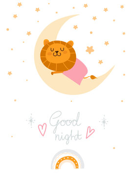 
good night poster with sleeping lion on the white background