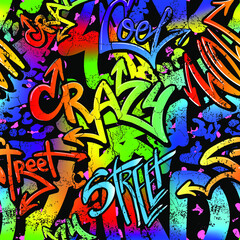 Abstract bright graffiti and monsters pattern. With bricks, paint drips, words in graffiti style. Graphic urban design for textiles, sportswear, prints.
