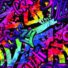 Abstract bright graffiti and monsters pattern. With bricks, paint drips, words in graffiti style. Graphic urban design for textiles, sportswear, prints.
 - obrazy, fototapety, plakaty